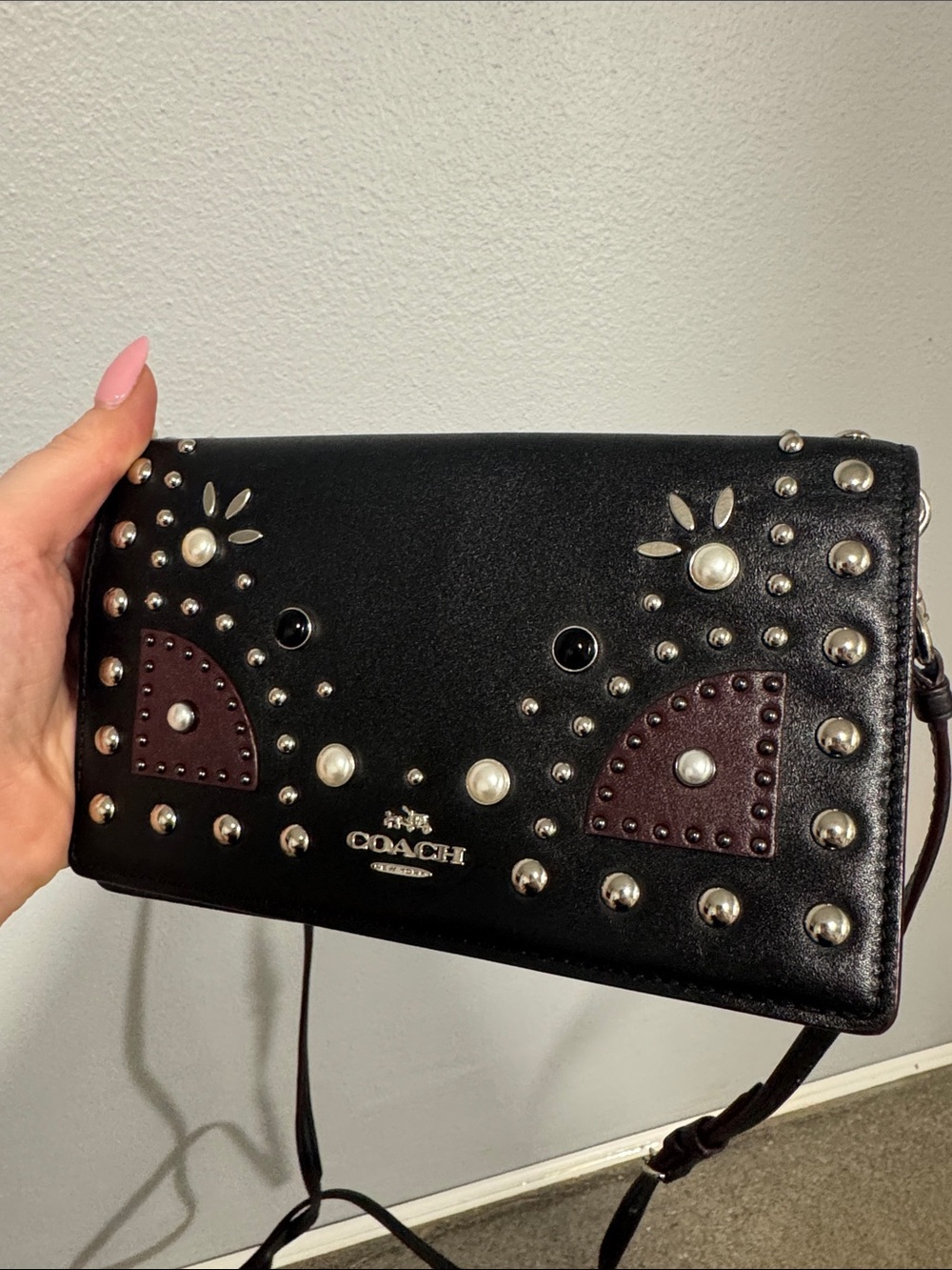 Coach 1941 Western Rivets Foldover Crossbody Wallet Black Studded Leather Bag